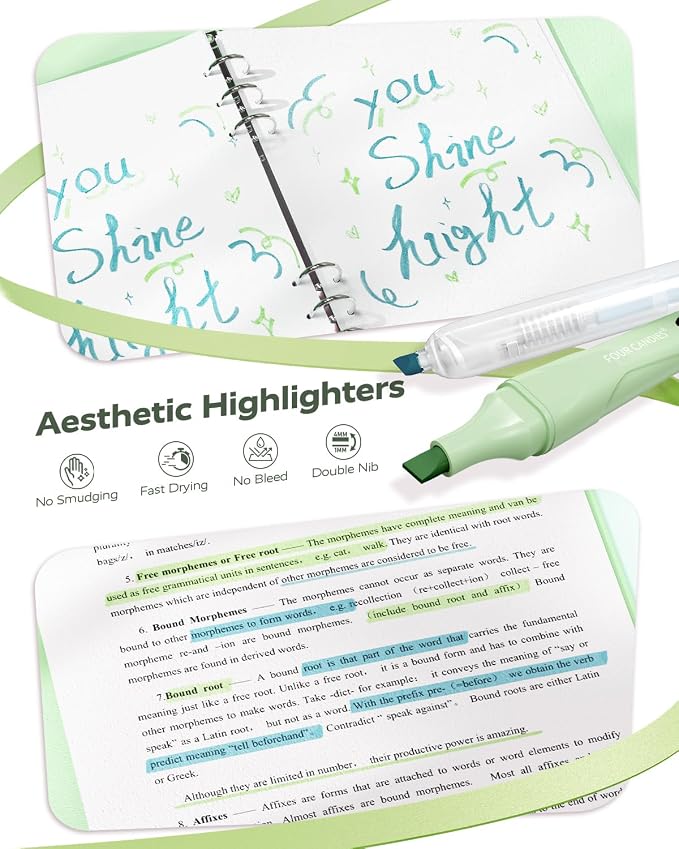 Four Candies Green School Supplies with Case College Essentials | Pens with Black Ink, Correction Tapes, Pastel Highlighters, Mechanical Pencils, Sticky Notes, Index Post for Study Stationary