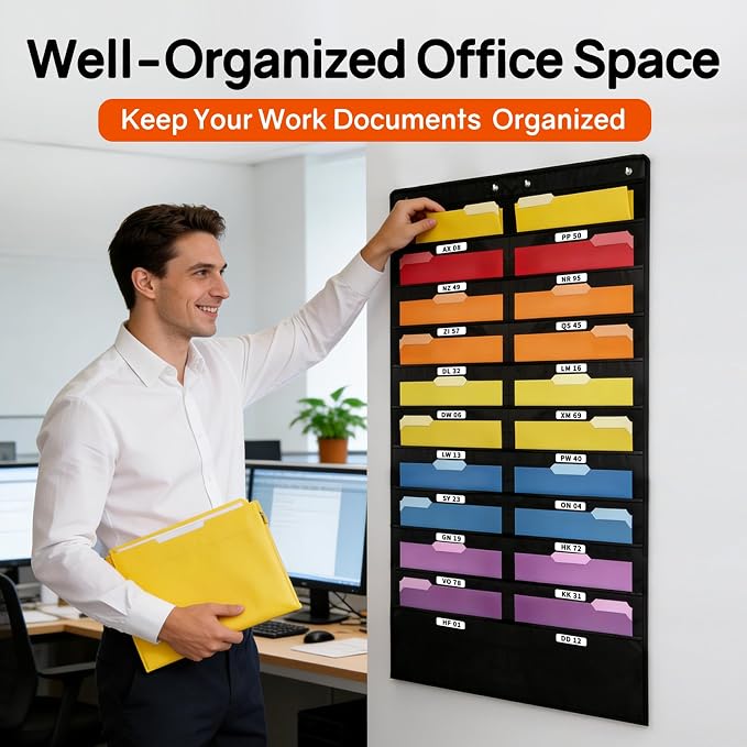 SUNEE 20 Pockets Hanging Wall File Organizer, Black Storage Pocket Chart for File Folder and Paper, Space Saver for Office and Classroom, with Wall Hangers, Over The Door Hooks, Labels