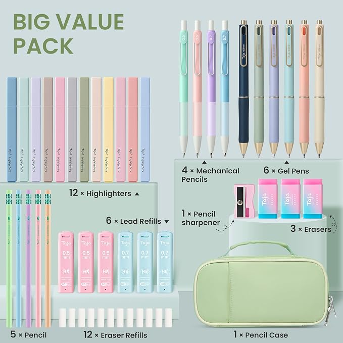 Cute Pencil Case With Supplies, 39 PCS Aesthetic Stationery Set with Pencil Pouch, 6 Black Ink Gel Pens, 12 Pastel Highlighters, 5 #2 HB Pencils, 4 Mechanical Pencils, Back to School Supplies - Green