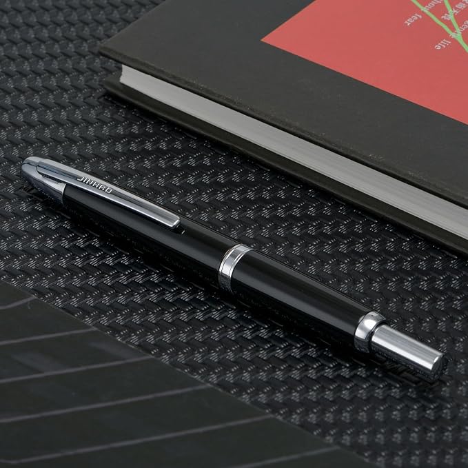 Jinhao 10 Press Fountain Pen with Box, Piano Black Retractable Medium Nib with Ink Converter Set (Silver Clip)