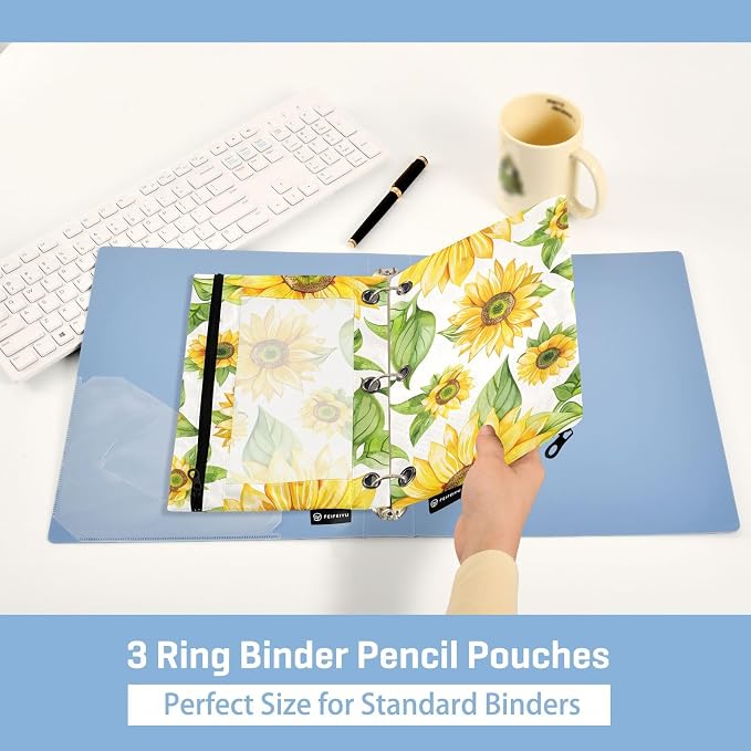 ALAZA Yellow Sunflower Flower Pencil Pouch for 3 Ring Binder 2 Pack Zipper Binder Pencil Bag Case with Clear Window Office Supplies