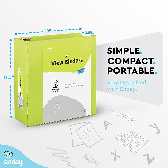 Enday 2 inch 3 Ring Binder (12 Pack - Assorted Colors) Binder 2 inch with Clear View Cover and 2 Inside Pocket - for Letter Size 8.5 x 11'' Paper, Ideal for School Supplies, Office, and Home