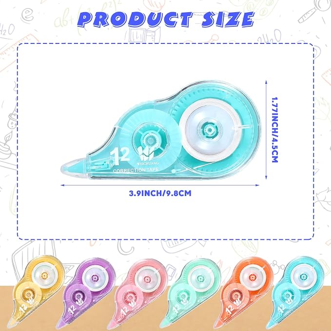 Yexiya 12 Pcs Correction Tape Eraser 0.2 Inch x 39.4 Feet White Tape Original Correction Wide Eraser Easy to Use Applicator for Back to School Supplies Student Study Supply(Rainbow Color)