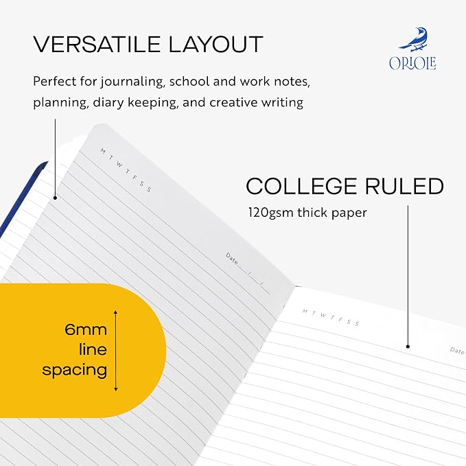 Oriole Vegan Leather Ruled Notebook - Deep Blue | 176 Pages of Thick Lined Paper | Soft Touch Hardcover Journal (5 x 8 in) with Gold Foil Bird Design & Luxury Gift Box