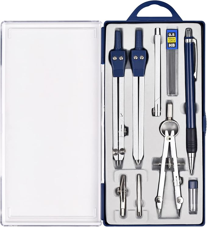 Unjoo 9Pcs Precision Geometry Set Metal Compass,Geometry Tool Set (Blue) | Shatterproof Storage Box, Circle Drafting Tool and Architecture, Drafting Kits for Engineers Students
