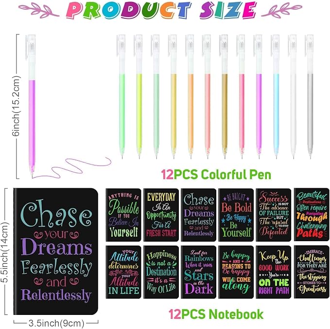 12 Pcs Mini Inspirational Notebooks Bulk with 12 Colorful Pens， 3.5"x5.5" | Small Pocket Journal Notepads Set, Motivational Bulk Gifts for Women Men Teacher Students Kids, End of School Year Gift Bulk