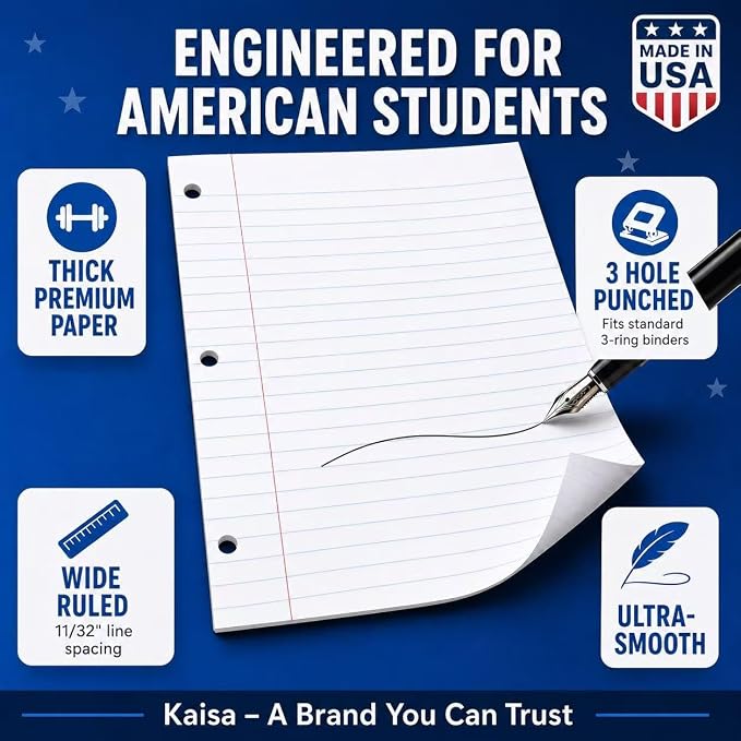 Kaisa loose Leaf Paper Filler Paper 1800 Sheets 8"x10.5",Wide Ruled, 3-Hole Punched for 3-Ring Binders, Carton of 12pack