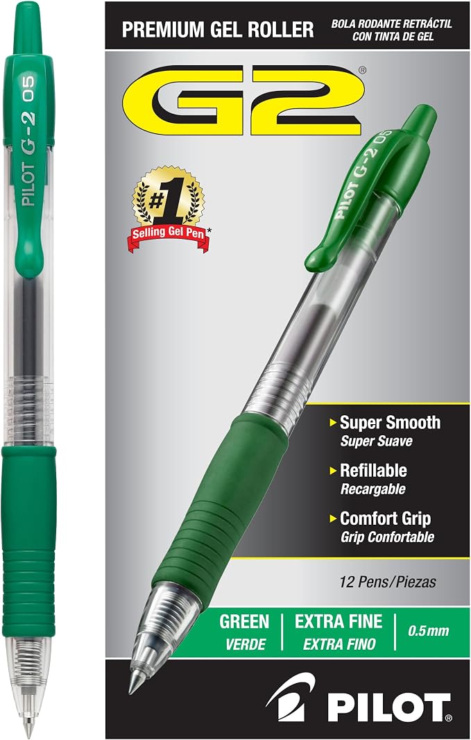 Pilot G2 Premium Refillable and Retractable Rolling Ball Gel Pens, Extra Fine Point, Gel Ink Pens, 0.5mm, Green Ink, 12-Pack