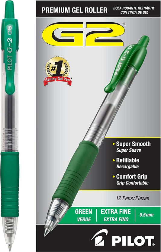 Pilot G2 Premium Refillable and Retractable Rolling Ball Gel Pens, Extra Fine Point, Gel Ink Pens, 0.5mm, Green Ink, 12-Pack