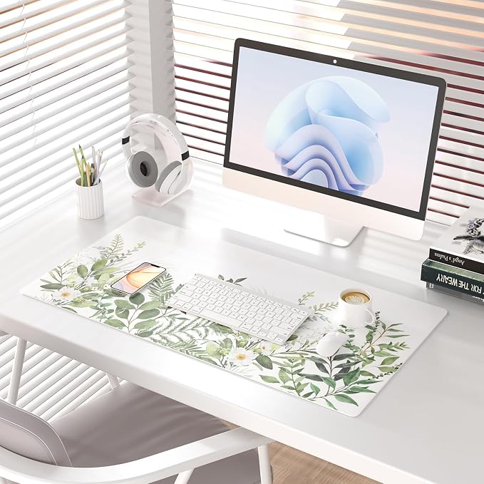 Colorful Star Green Leaves Waterproof Office Desk Mat, 31.5" x 15.7" | Non-Slip Large Computer Gaming Mouse Pad, XXL PC Laptop Protector Pads, PU Leather Desk Writing Pads for Office Home