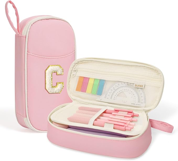 SUNEE Cute Pencil Case, Kawaii Big Capacity Pencil Pouch, Personalized Initial Pencil Bag with Zipper, Stationery Storage and Organizer, Back to School Supplies, Pen Box for Girls & Boys, Teen, C-Pink