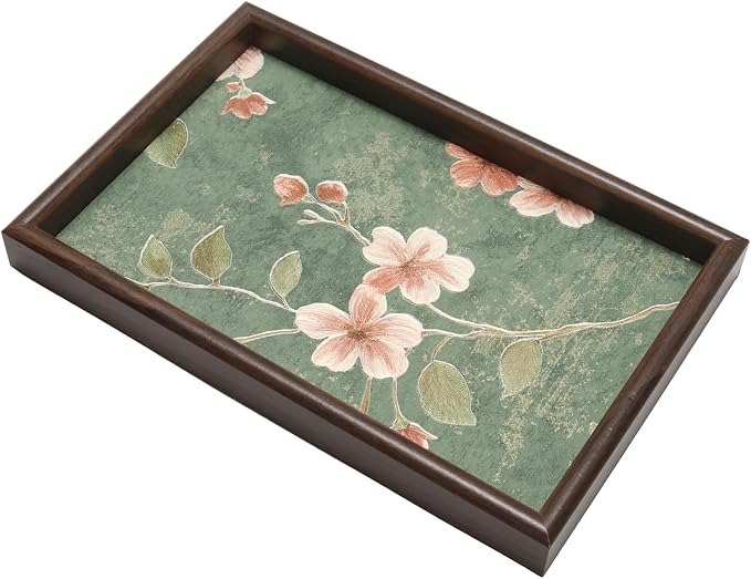 Wooden Valet Tray with Floral Base, EDC Catch All Tray Nightstand Entryway Table Vanity Organizer 11.8x7.9, Green Vintage Blossoms