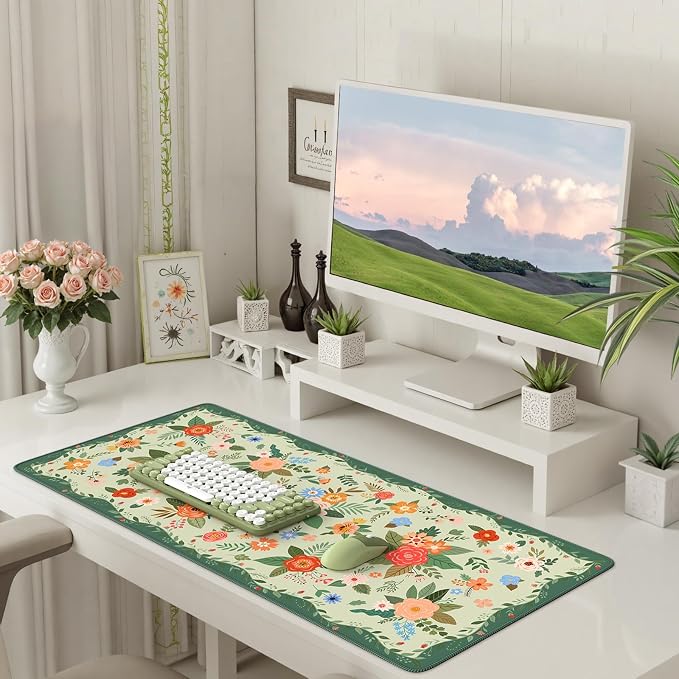 iCasso Floral Desk Mat for Keyboard and Mouse,Cute Gaming Mouse Pad XXL,Anti-Slip Desk Matt for Desktop,Soft Lycra Surface Computer Mat Women,Girly Big Mousepad for Home Office (Green Floral)