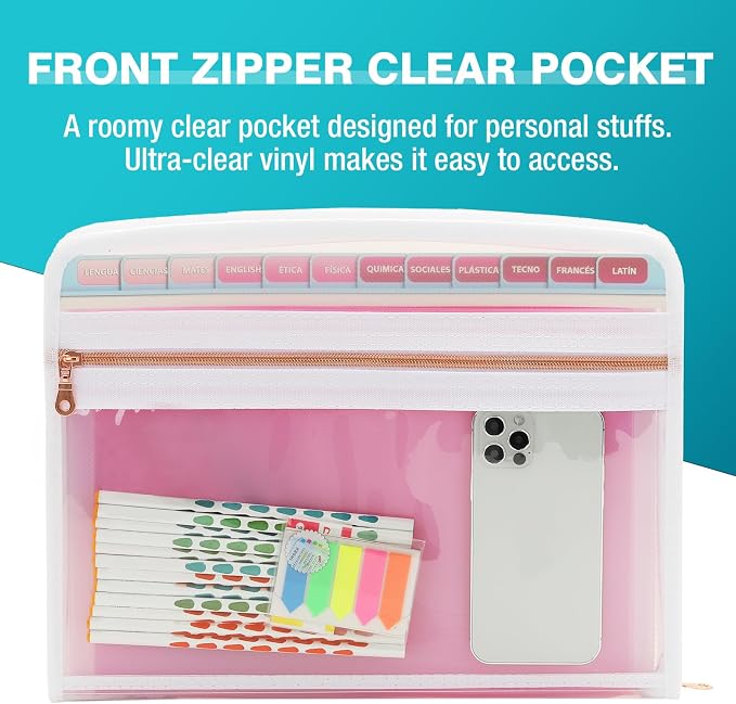 H4D Accordion File Organizer, 13 Pocket Expanding File Folder, Pink | Zippered, Front Clear Pouch, Letter Size Paper, A4 Paper, Fit for Documents