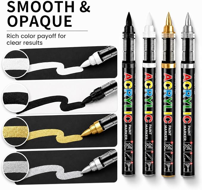 Surcotto 12 Black & Gold & Silver & White Acrylic Paint Pens | 1-6 mm Brush Tip，Direct-liquid，Quick Dry