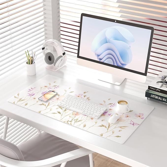 Colorful Star Floral Waterproof Office Desk Mat, 31.5" x 15.7" | Non-Slip Large Computer Gaming Mouse Pad, XXL PC Laptop Protector Pads, PU Leather Desk Writing Pads for Office Home