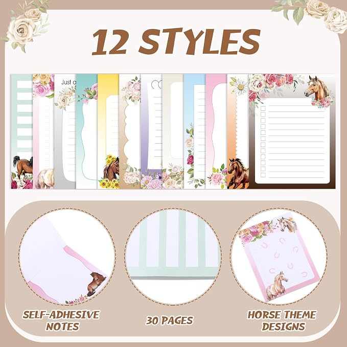Chiisong 12 Pieces Horse Sticky Notes to Do List Notes Horses Lover Gift for Women, 3x4 Inch Animal Writing Memo Pads Flower 30 Sheet Pads, Animal Self Stick Memo Office Supplies Cute Small Gift
