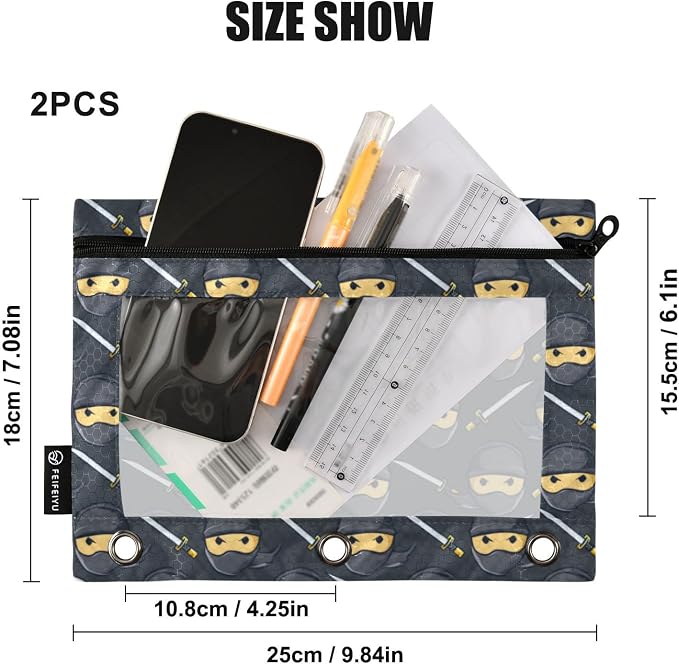 Binder Pencil Pouches Ninja Pattern Pen Case Black | Clear Window 3 Rings, Cosmetic Bags School Office Supplies Cosmetic Makeup Bag 2 Psc