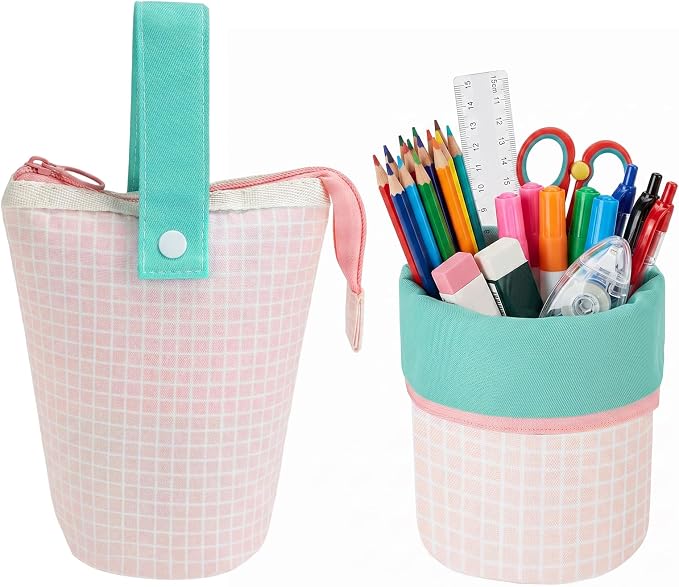 Bigmeta Gingham Standing Soft Pencil Case for Girls - 2-in-1 Cute Aesthetic Pencil Pouch with Zipper, Stationery Holder Bag for Middle & Elementary Students Back to School Supplies (Pink)