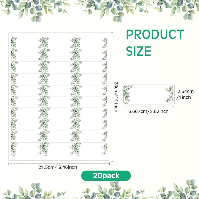 Lincia 20 Sheets 600 Pcs Wedding Greenery Leaf Address Labels Printable Elegant Eucalyptus Themed Self Adhesive Stickers Writable Paper Gift Tags for Envelope Printer Seal Mailing 1 x 2-5/8 Inch