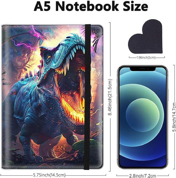 A5 Leather Lined Journal Notebook, 200 Pages Hardcover Executive Notebook for Men Women Office School Note Taking, Thick Writing Paper Daily Journal with Bookmarks/Indexes,Dinosaur