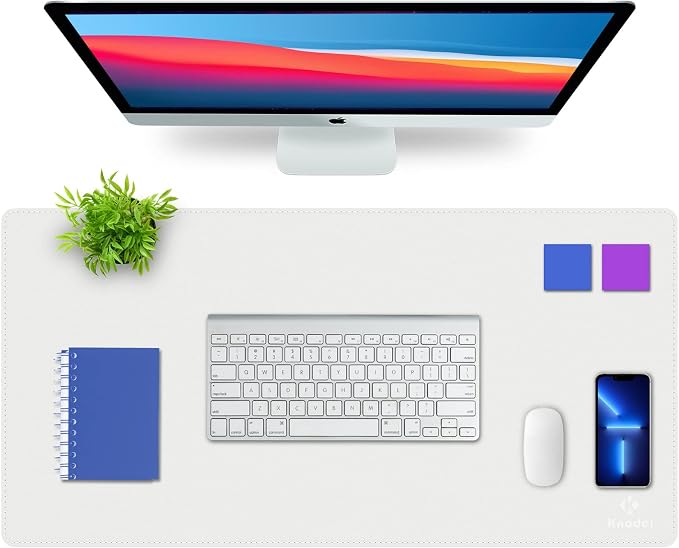 K KNODEL Large Sewing Leather Desk Mat, Desk Pad (White, 31.5" x 15.7") | Mouse and Keyboard Pad, PVC Computer and Laptop Mat, Desktop Protector and Cover, Writing Pad and Blotter for Home Office