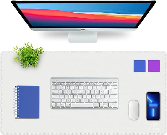 K KNODEL Large Sewing Leather Desk Mat, Desk Pad (White, 31.5" x 15.7") | Mouse and Keyboard Pad, PVC Computer and Laptop Mat, Desktop Protector and Cover, Writing Pad and Blotter for Home Office