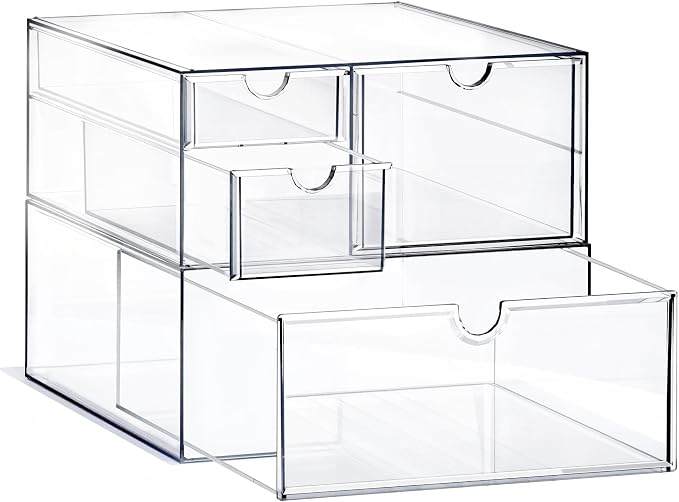 Prsildan Acrylic Drawer Makeup Organizer with 4 Drawers, Set of 2 | Clear, Baby Bottle Storage, For Vanity Countertop Bathroom Cosmetic Office Desk, Craft Jewelry Art Supply Organization