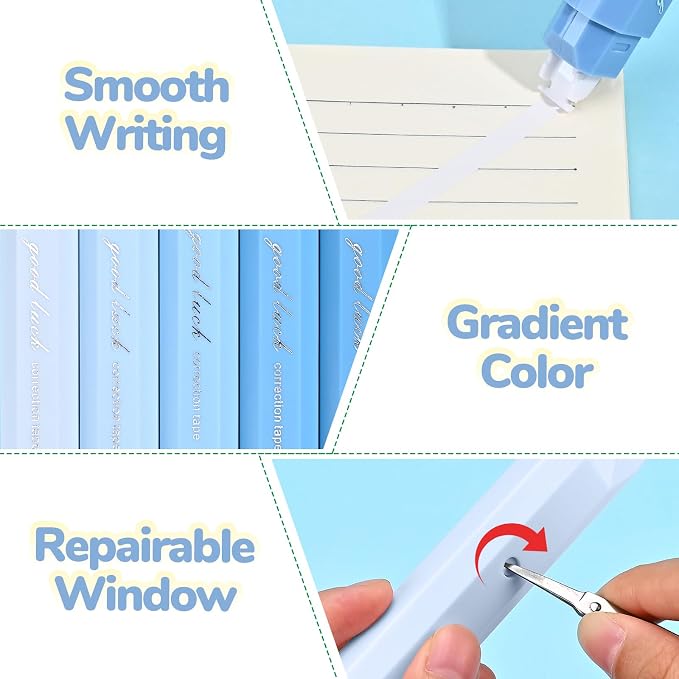 Temiary 5 Pcs White Correction Tapes, Aesthetic Correction Tape Pens Smooth Pull Out, Easy to Use Pen Shaped Applicator for Students School Office Supplies (Blue)