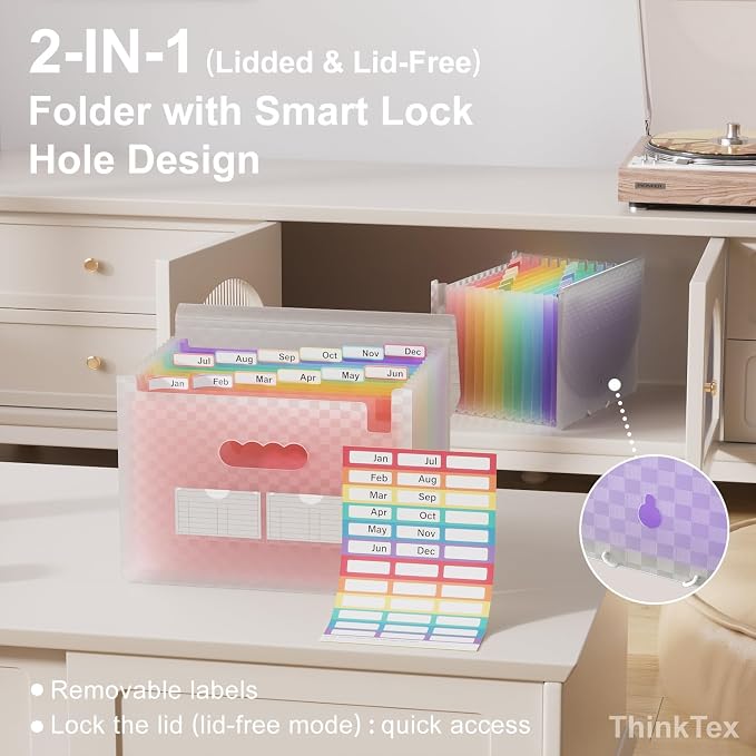 ThinkTex Accordion File Organizer, 12 - Pocket Expanding File Folders | for Paper Receipts, Bills & Taxes Organizer, Letter/A4 Size Document Holder for School, Office, home with Colorful tabs- Pink