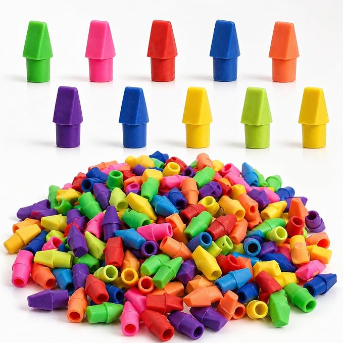 PRALB 300 Pack Pencil Top Eraser Caps, 8 Assorted Colors Chisel-Shaped Eraser Toppers, Essential Classroom Supplies for Teachers, Perfect for School & Office Use