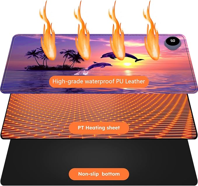 Heated Mouse Pad with 3 Levels Heated & 3 Hours Auto Shut-Off Mouse Pad for Warming Hands in Office Home, 31.5" x 13"Large Safe Desk Mat Hand Warmer，Jumping Dolphin