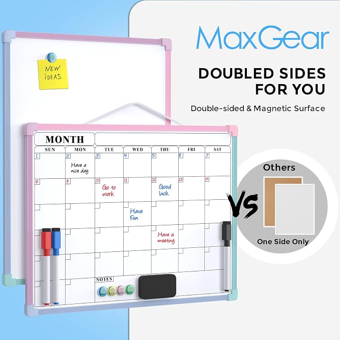 MaxGear Monthly Calendar Dry Erase Board for Wall, 16"x12", Macaron Frame | Double-Sided, Hanging Small White Board, Portable Whiteboard for Planning, Drawing, Memo, to Do List, Home, Kitchen, Office