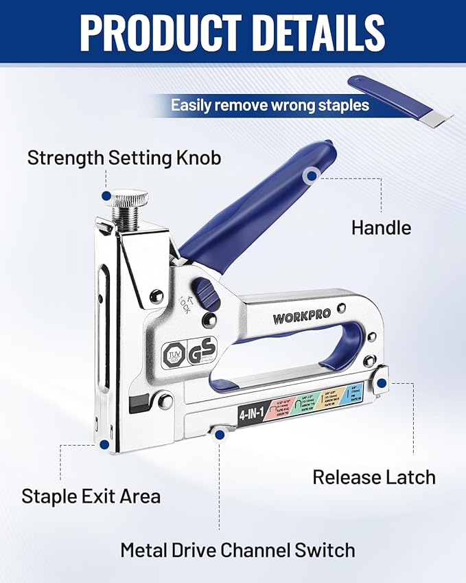 WORKPRO 4-in-1 Staple Gun, Manual Brad Nailer with 2000 Counts Staples | Upholstery Stapler Nail Gun for Fixing Material, Decoration, Carpentry, Furniture, Doors and Windows
