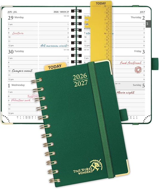 POPRUN Pocket Calendar 2026-2027,6.5" x 3.5" Pocket Planner | Jul 2026-Jan 2027 Small Planner for Purse,Inner-Pocket Weekly Planners with Hardcover, Tabs, Ruler, Pen Loop- Dark Green