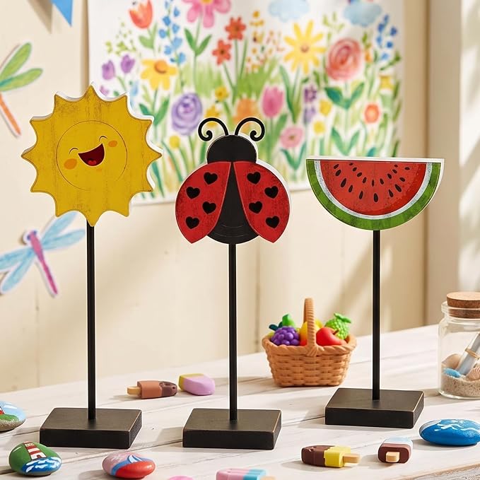 3 Pcs Summer Table Decor Wooden Watermelon Ladybug Decorations Standing Watermelon Decor Summer Table Centerpiece Rustic Farmhouse Sign for Home Kitchen Office Beach Party