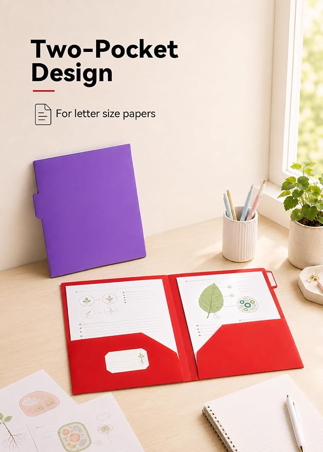 SortRax Plastic Folders with Pockets, 6 Pack 2 Pocket Folders, 1/3 Cut Tabs, Assorted Colors
