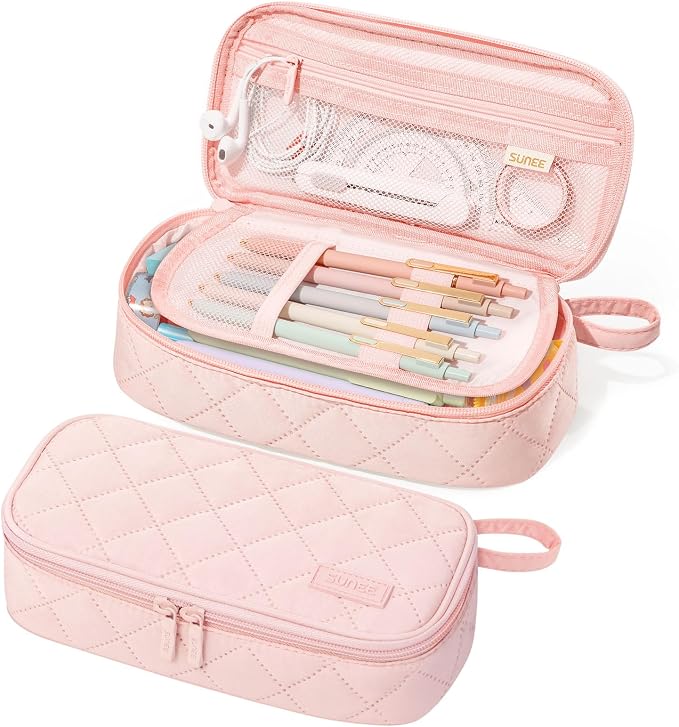 SUNEE Cute Pencil Case, Large Capacity Pencil Pouch Aesthetic Zipper Pencil Bag, Big Storage Pen Organizer for Stationery, Soft Quilted Pencil Box Back to School Supplies for Teen Girls Boys,Soft Pink