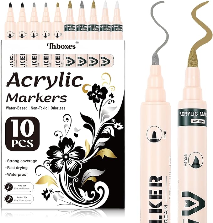 Thboxes Acrylic Paint Markers 10 Pack, Dual Tip Fine & Brush, 4 Colors | Water-Based Ink, Quick-Dry, Smooth Coverage, for Wood, Glass, Fabric, Rock, Canvas, School and Diy Crafts