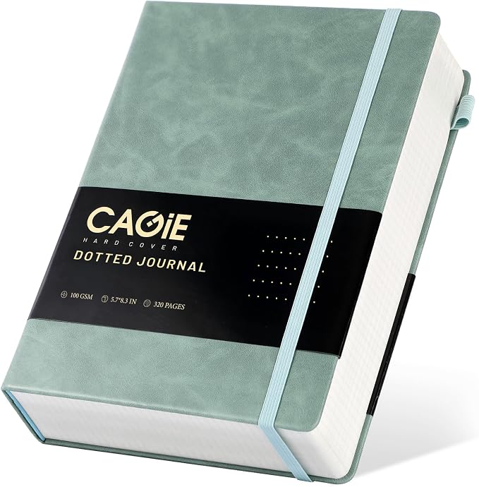 CAGIE Bullet Dotted Journal Notebook 320 Pages 100 GSM Paper Hardcover A5 Dot Grid Notebook Leather Journals for Writing Women Men Work Journaling, Green