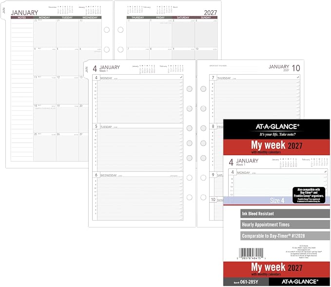 AT-A-GLANCE 2027 Planner Refill, Weekly, 5.5" x 8.5", Desk Size 4, 7-Ring Loose-Leaf (061-285Y-27)