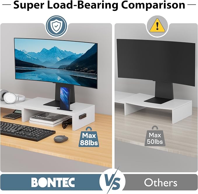 BONTEC Dual Monitor Stand Riser with Smartphone Holder, Adjustable Length & Swivel Angle, Ergonomic Wooden Desktop Organizer for PC Monitor, Laptop, Printer, Large Storage, 42.5 in, White