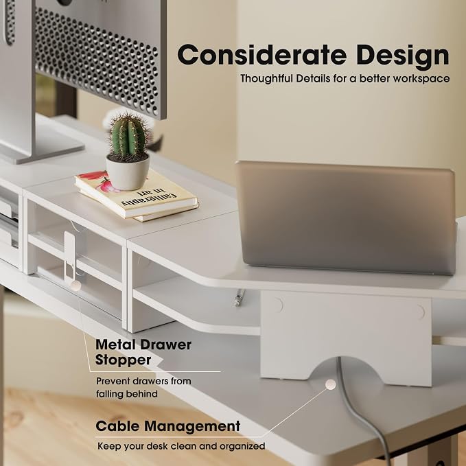 Fenge Dual Monitor Stand, Corner Desk Shelf with Drawer & Slide-Out Tray | Modular Design for Flexible Layouts, 2-Tier Storage Desktop Organizer for Computer, Laptop, Printer and Telephone