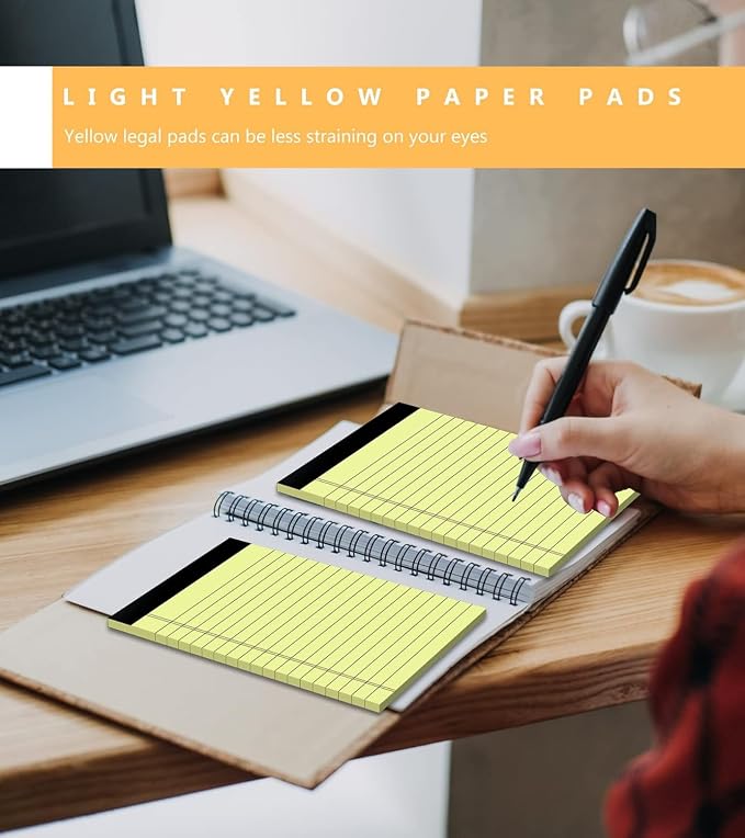 Yellow Legal Pads 4x6, 8 Pack, Narrow Ruled, Perforated,30 Sheets per Pad | Thick Paper, Ink Bleed Resistant, Smooth Writing Durable Cardboard Back, Easy Tear-Off Pages，Double-Sided,Pocket Size