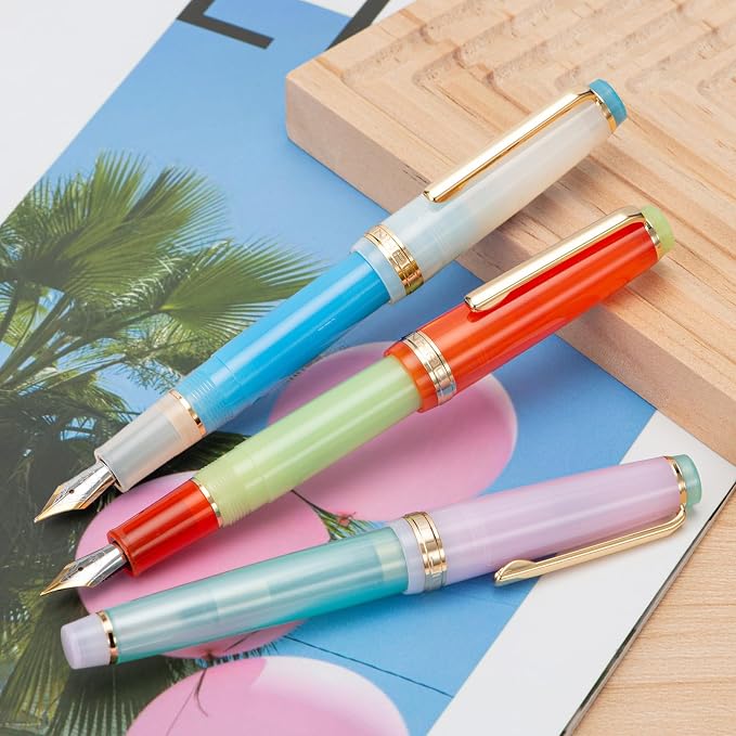 Jinhao 82 Acrylic Fountain Pen, Iridium Fine Nib with Ink Converter, Morandi Lake Blue Contrast Color Classic Design Smooth Writing Pen (Gold Trim)