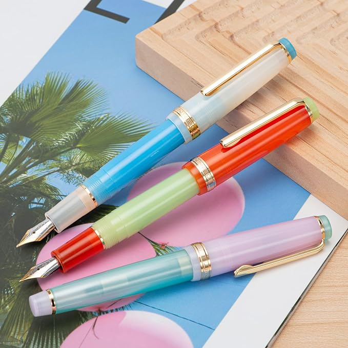Jinhao 82 Acrylic Fountain Pen, Iridium Extra Fine Nib with Ink Converter, Morandi Lake Blue Contrast Color Classic Design Smooth Writing Pen (Gold Trim)