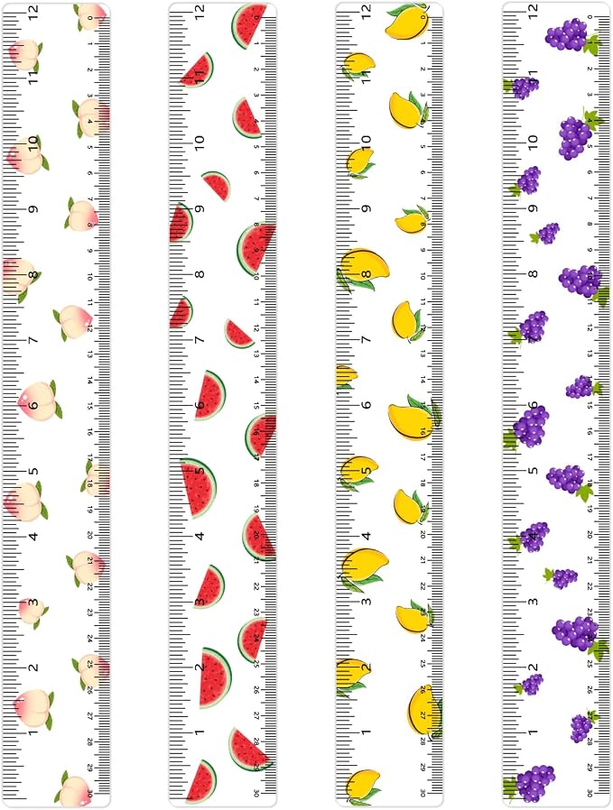 BAYTORY 4Pcs Transparent Acrylic Ruler 12 Inch, Plastic Straight Rulers | Shatterproof Student Stationery Centimeters with Inches, for Classroom Essentials School Supplies (Fruit 12 Inch)