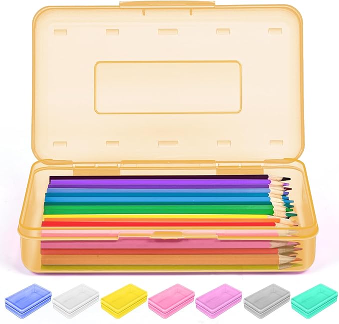Sooez 1 Pack Pencil Case, Clear Pencil Box with Stickers, Large Plastic Crayon Box with Snap-tight Lid, Stackable Storage Art Craft Marker Organizer for Kids Boys Back to School, Orange