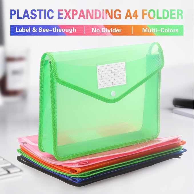 Tamaki Plastic Expanding File Folder, Fit Letter/A4 Size, Green, 1 Pack | Transparent Envelopes with Snap Closure, No Dividers, Large Capacity