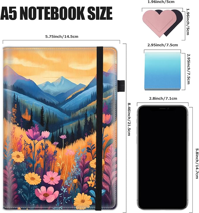 Hardcover Executive Notebooks, A5 PU Leather Lined Journal Notebook, 200 Pages Thick Paper Subject Notebooks for School,Work,Home Writing Business Notebook, Diary Book ，Mountains and Flowers